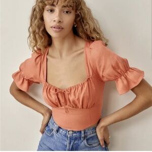 REFORMATION montague orange linen top with peasant details